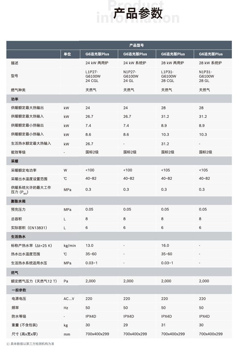 博世G6追光板壁挂炉24千瓦新款热水采暖炉技术参数如下